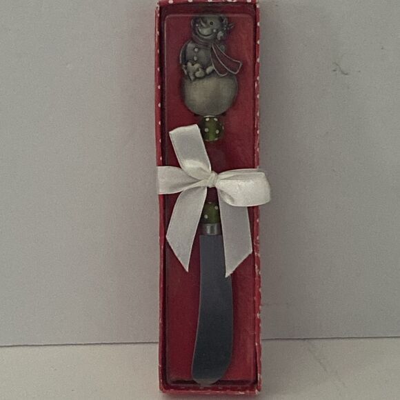 Christmas Happy Snowman Holding Heart Appetizer Spreading Knife Green/Red Decor - Picture 5 of 6